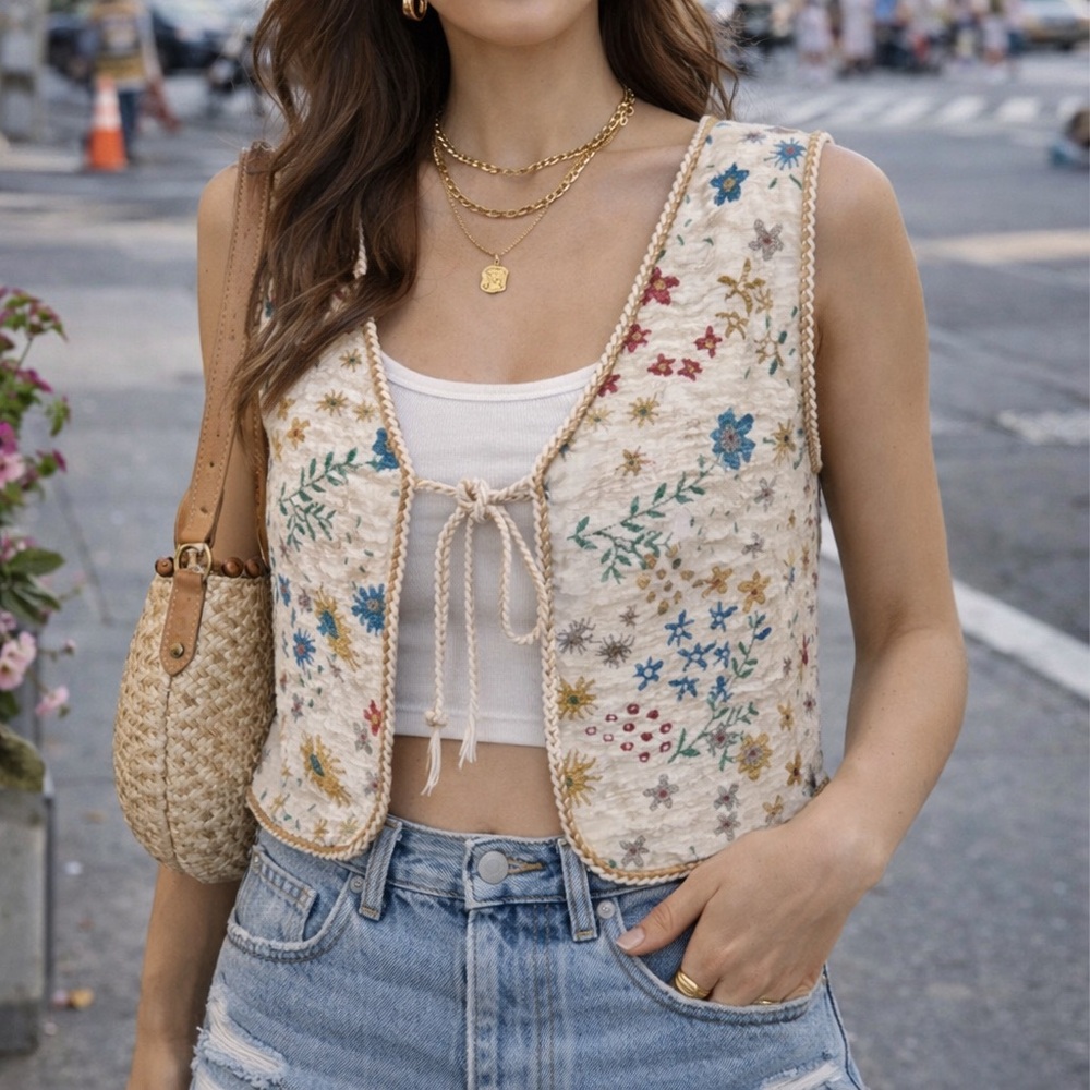 Embroidered Cream Floral Tie-Front Vest